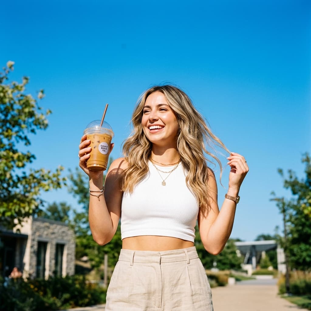 Happy traveler with refreshing iced drink on beach